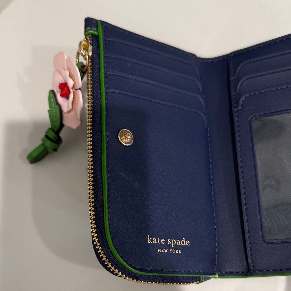 Kate Spade “In the Garden Small Slim Bifold” Navy Wallet with Pink Floral Accent - Picture 5 of 7